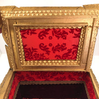 Spectacular Large Gold Painted Tramp Art Box with Many Hearts