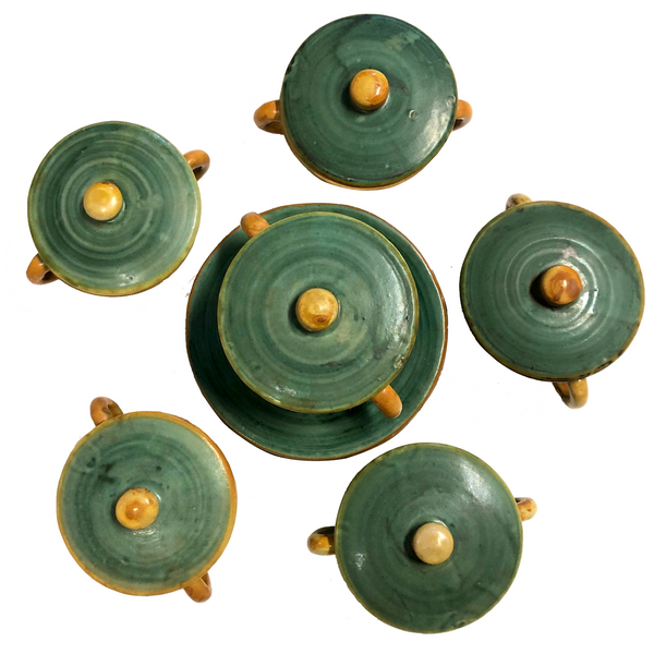 Italian Faience Green and Orange Lidded Bowls and Plates-Reserved for KS