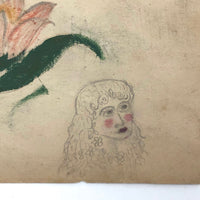 19th C. Naive Double-Sided  Drawing: Girl and Flower, Farm with Turtle
