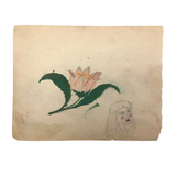 19th C. Naive Double-Sided  Drawing: Girl and Flower, Farm with Turtle