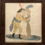 SOLD 19th C. Folk Art Watercolor of Amorous Couple on Laid in Period Frame