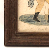 SOLD 19th C. Folk Art Watercolor of Amorous Couple on Laid in Period Frame