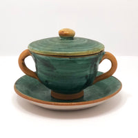 Italian Faience Green and Orange Lidded Bowls and Plates-Reserved for KS