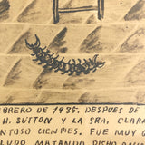Mexican Ex Voto Sepia Ink Drawing --Saved from the Horrible Centipede!