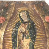 Antique Mexican Retablo on Tin of Madonna, Our Lady of Guadaloupe