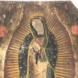 Antique Mexican Retablo on Tin of Madonna, Our Lady of Guadaloupe