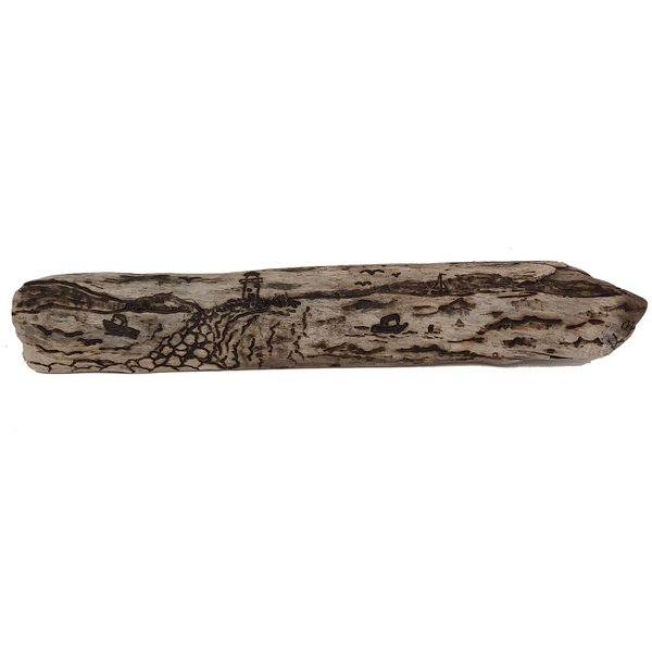 Pyrography Seascape on Driftwood with Lighthouse and Boats