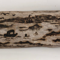 Pyrography Seascape on Driftwood with Lighthouse and Boats