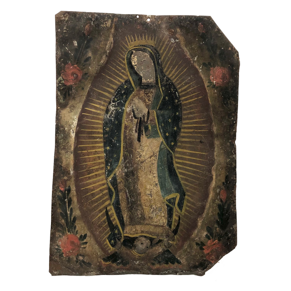 Antique Mexican Retablo on Tin of Madonna, Our Lady of Guadaloupe
