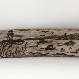 Pyrography Seascape on Driftwood with Lighthouse and Boats