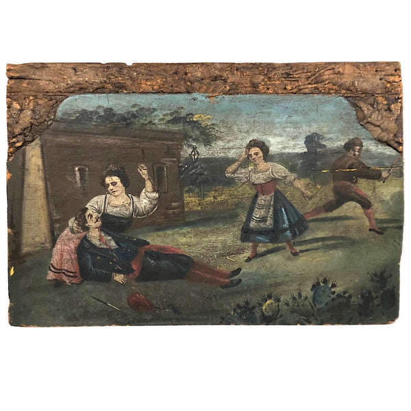 Curious Old Italian Opera Painting on Wood Panel with Carved Cherubs