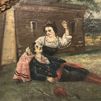 Curious Old Italian Opera Painting on Wood Panel with Carved Cherubs