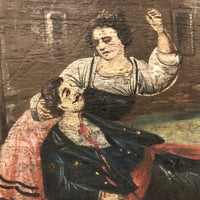 Curious Old Italian Opera Painting on Wood Panel with Carved Cherubs