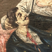 Curious Old Italian Opera Painting on Wood Panel with Carved Cherubs