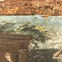 Curious Old Italian Opera Painting on Wood Panel with Carved Cherubs