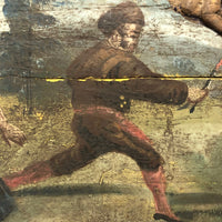 Curious Old Italian Opera Painting on Wood Panel with Carved Cherubs