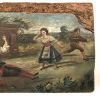 Curious Old Italian Opera Painting on Wood Panel with Carved Cherubs