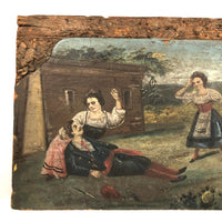 Curious Old Italian Opera Painting on Wood Panel with Carved Cherubs