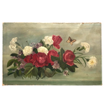 Roses, Carnations, Lilac and Butterfly Old Oil on Canvas Painting