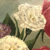 Roses, Carnations, Lilac and Butterfly Old Oil on Canvas Painting