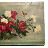 Roses, Carnations, Lilac and Butterfly Old Oil on Canvas Painting