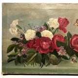 Roses, Carnations, Lilac and Butterfly Old Oil on Canvas Painting