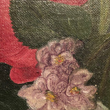 Roses, Carnations, Lilac and Butterfly Old Oil on Canvas Painting