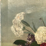 Roses, Carnations, Lilac and Butterfly Old Oil on Canvas Painting