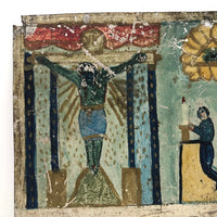 Fabulous Old Folk Art Retablo with Man Tumbling Down Stairs