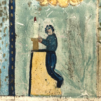 Fabulous Old Folk Art Retablo with Man Tumbling Down Stairs