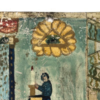 Fabulous Old Folk Art Retablo with Man Tumbling Down Stairs