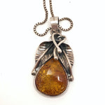 Amber and Silver Vintage Pendant Necklace with Leaf Design