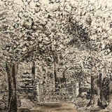 Trees Framing Gate 1880s British Pen and Ink Drawing