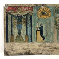 Fabulous Old Folk Art Retablo with Man Tumbling Down Stairs