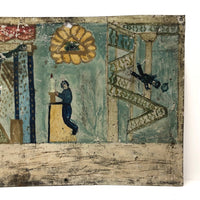 Fabulous Old Folk Art Retablo with Man Tumbling Down Stairs
