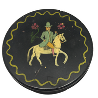 Hand-painted Round Tin Box with Woman on Horseback