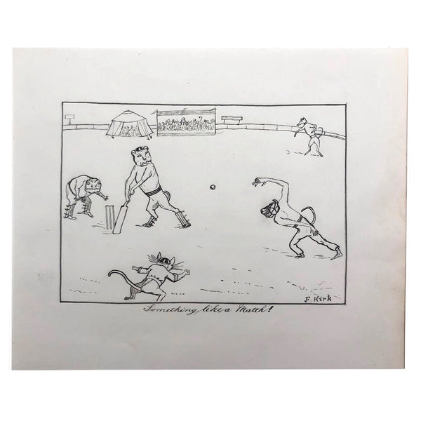 Something Like a Match, Late 1800s British Ink Drawing of Animal Cricket Game