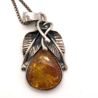 Amber and Silver Vintage Pendant Necklace with Leaf Design