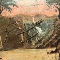 SOLD Antique Oil on Wood Panel Painting of Forest with Boater and Fallen Trees