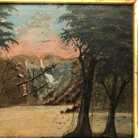 SOLD Antique Oil on Wood Panel Painting of Forest with Boater and Fallen Trees