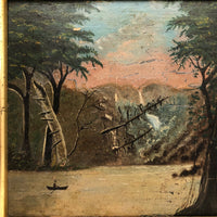 SOLD Antique Oil on Wood Panel Painting of Forest with Boater and Fallen Trees