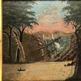SOLD Antique Oil on Wood Panel Painting of Forest with Boater and Fallen Trees