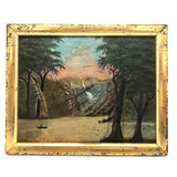 SOLD Antique Oil on Wood Panel Painting of Forest with Boater and Fallen Trees