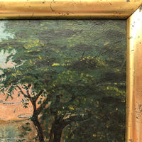 SOLD Antique Oil on Wood Panel Painting of Forest with Boater and Fallen Trees