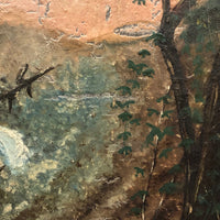 SOLD Antique Oil on Wood Panel Painting of Forest with Boater and Fallen Trees