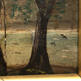 SOLD Antique Oil on Wood Panel Painting of Forest with Boater and Fallen Trees