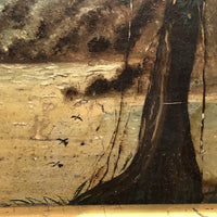 SOLD Antique Oil on Wood Panel Painting of Forest with Boater and Fallen Trees