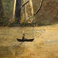 SOLD Antique Oil on Wood Panel Painting of Forest with Boater and Fallen Trees