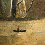 SOLD Antique Oil on Wood Panel Painting of Forest with Boater and Fallen Trees