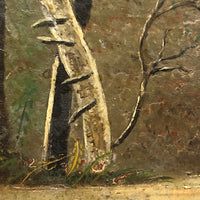 SOLD Antique Oil on Wood Panel Painting of Forest with Boater and Fallen Trees